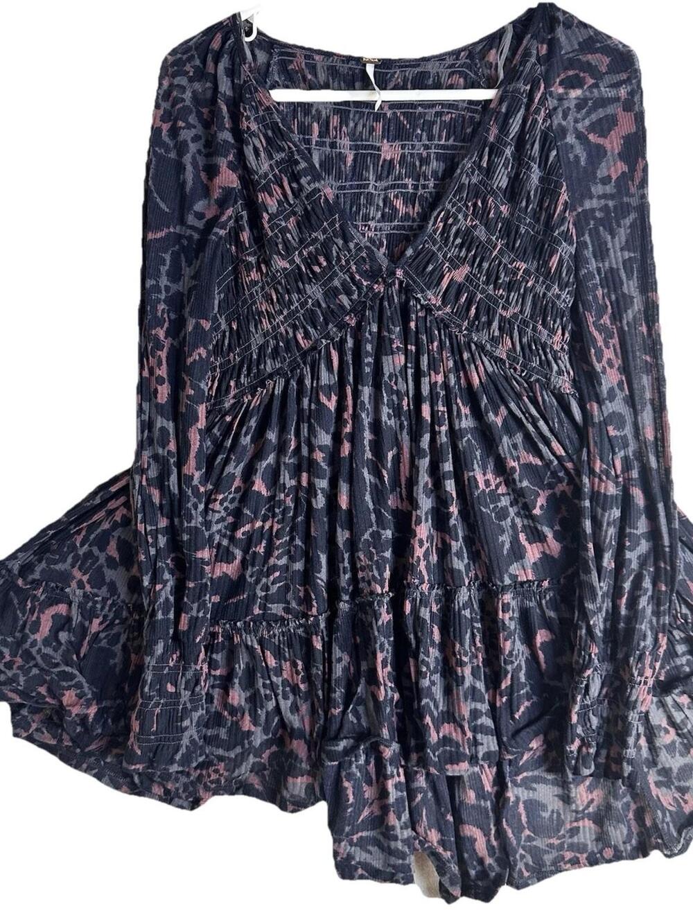Free People baby doll Animal Print Smocked Mini Dress Top Fairy Whimsigoth Sz S